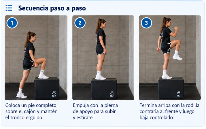 Secuencia visual de Step-up + knee drive